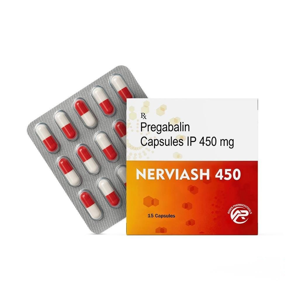 Pregabalin Capsules IP (nerviash 450) 450 mg / Per Capsule (15 Capsules Strip) – Asher Pharmaceuticals